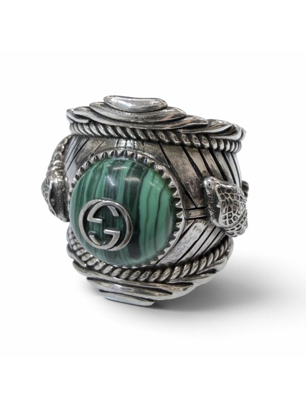 Gucci Interlocking G Garden Snake Tiger Head Ring Silver Green